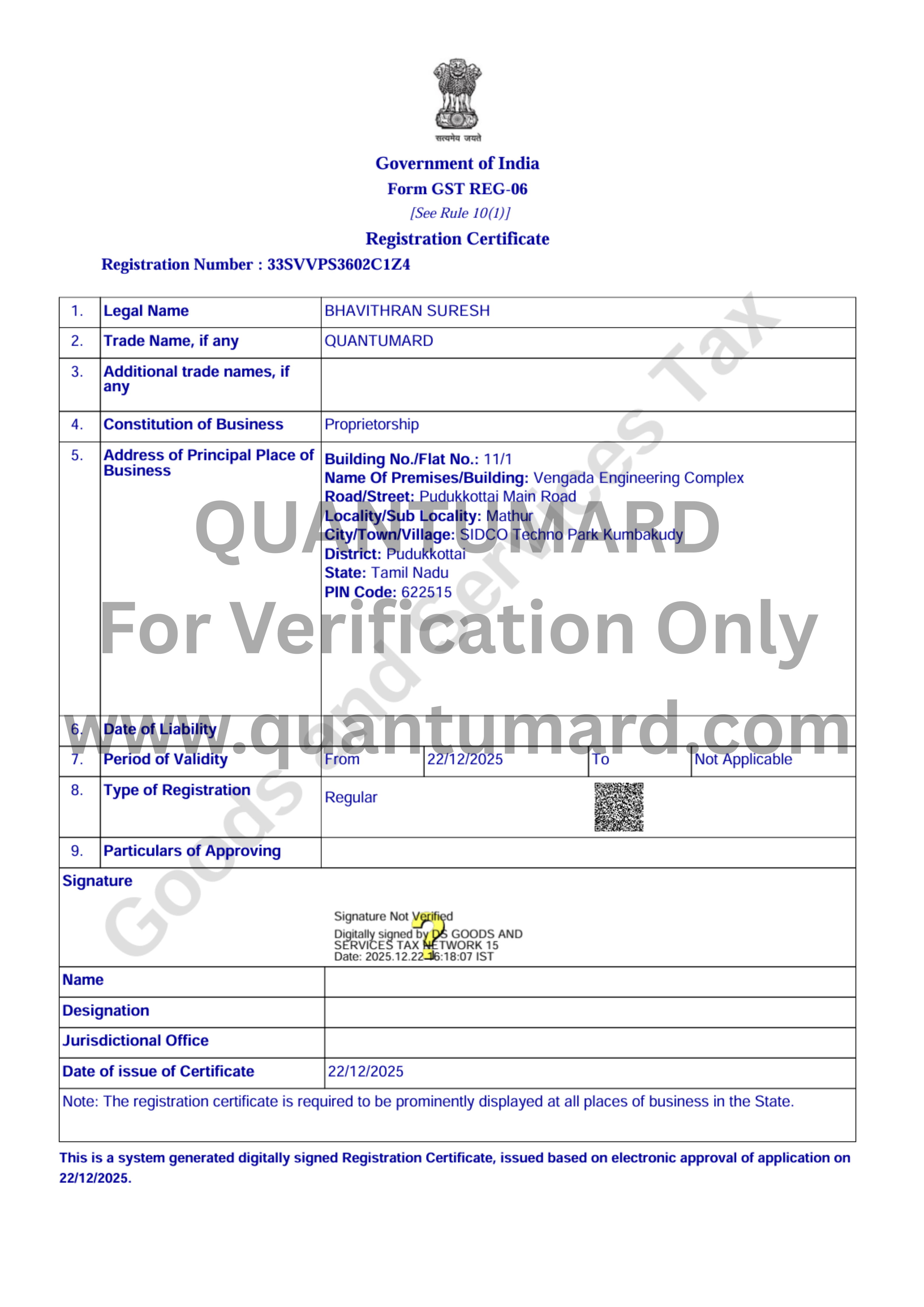 Quantumard GST Registration Certificate